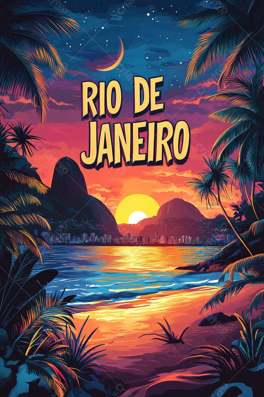 Rio de Janeiro pôr do sol tropical com Pão de Açúcar e palmeiras ao entardecer