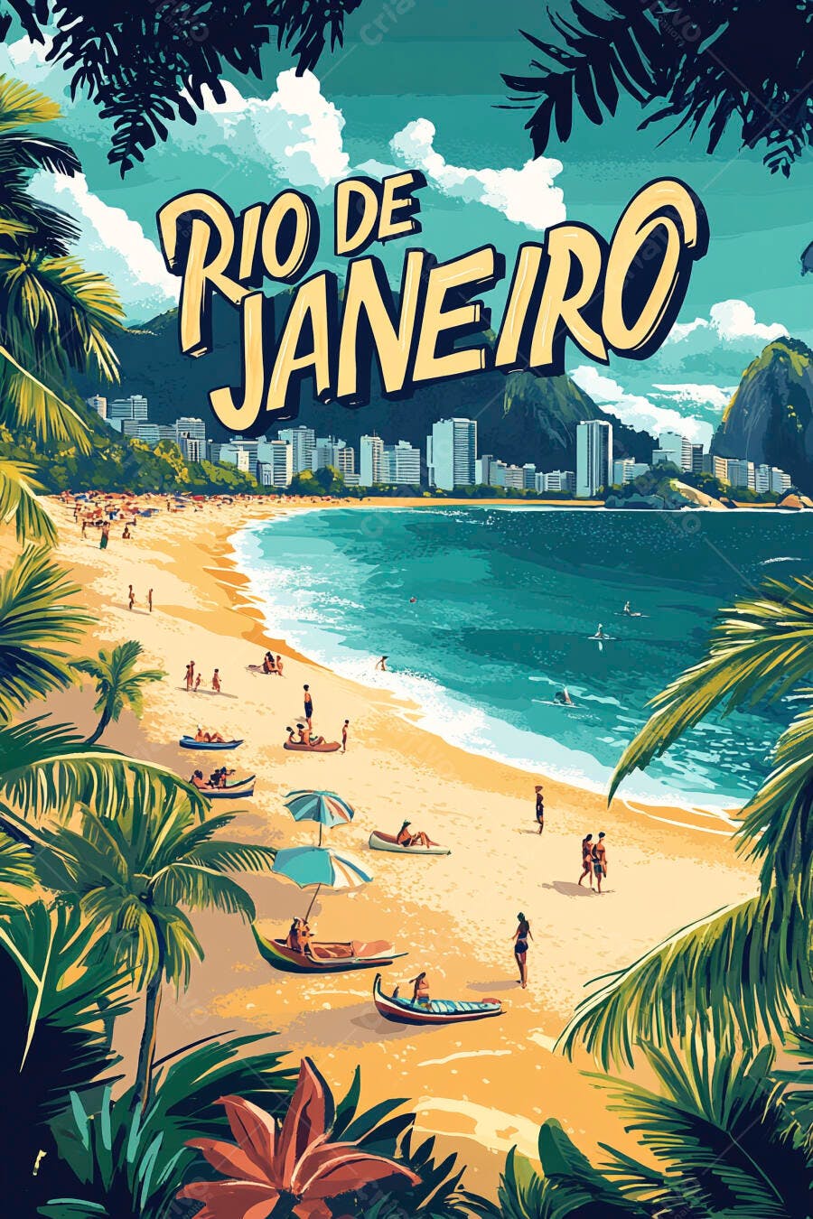 Rio de Janeiro praia tropical ilustração vintage com pessoas e montanhas