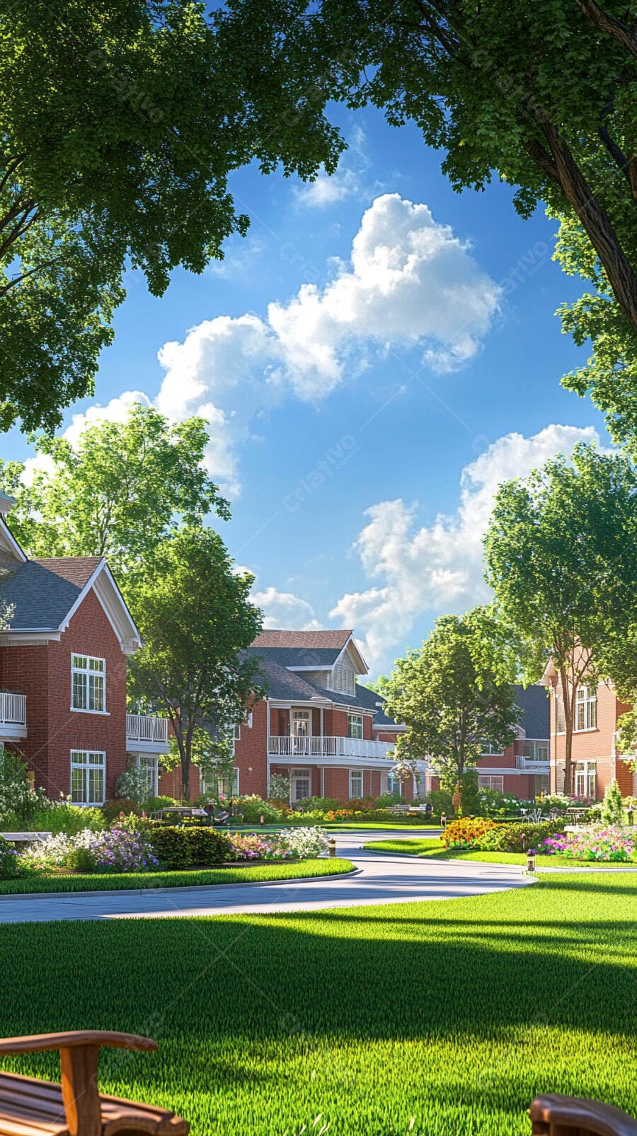 Bairro residencial com casas de tijolos e jardins floridos sob céu azul