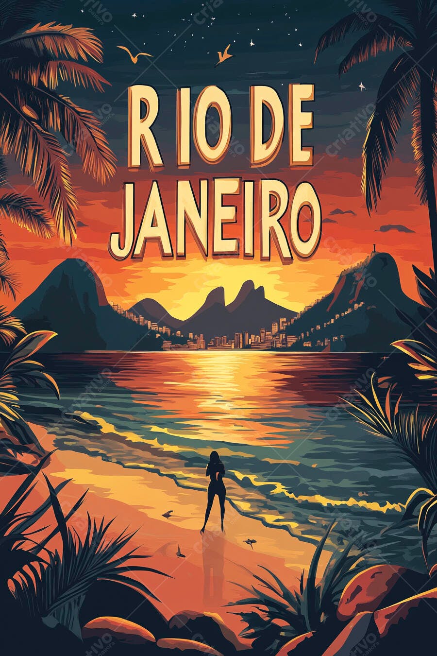Cartaz Rio de Janeiro pôr do sol mulher na praia e montanhas icônicas