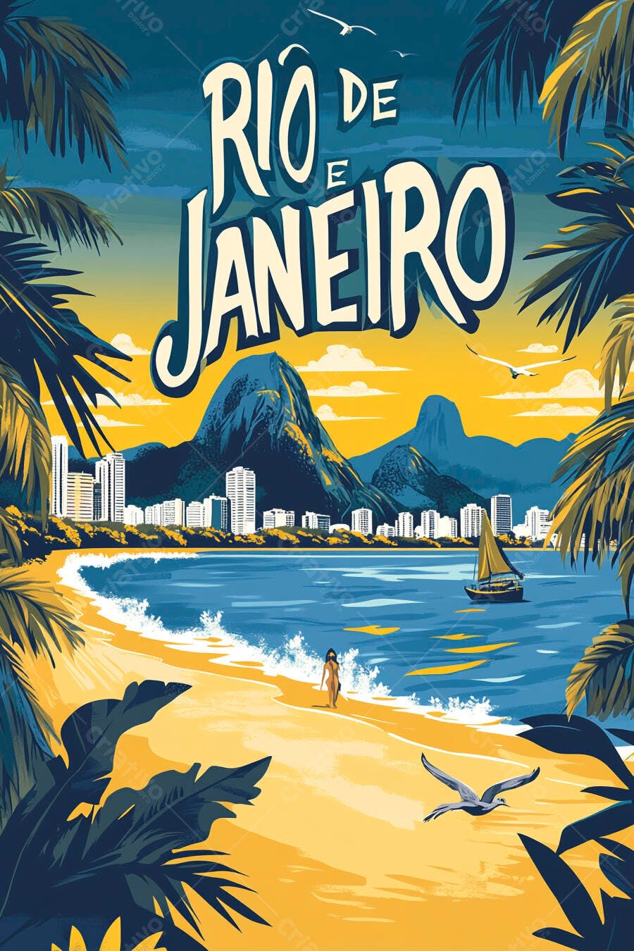 Cartaz Rio de Janeiro mulher na praia montanhas e barco a vela arte