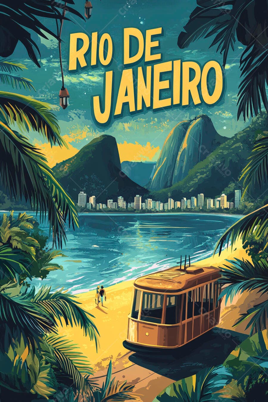 Rio de Janeiro ilustração vintage Pão de Açúcar bondinho e praia carioca