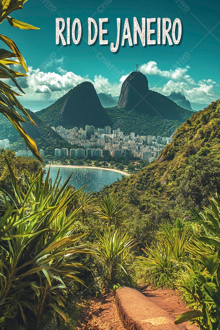 Rio de Janeiro com texto Pão de Açúcar Baía de Botafogo vista panorâmica tropical