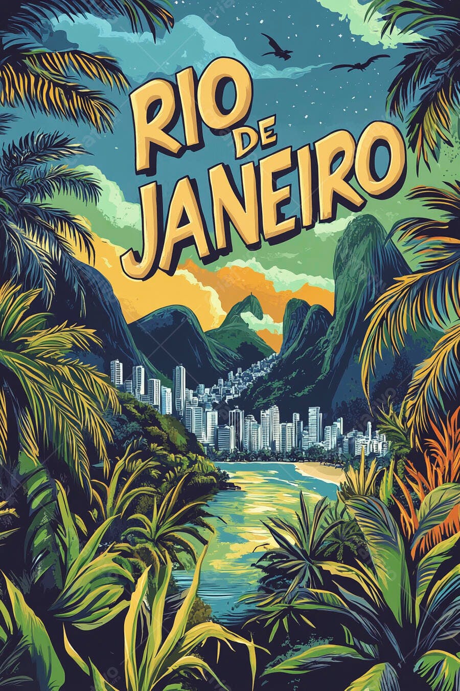 Ilustração Rio de Janeiro montanhas Cristo Redentor praia e palmeiras ao pôr do sol
