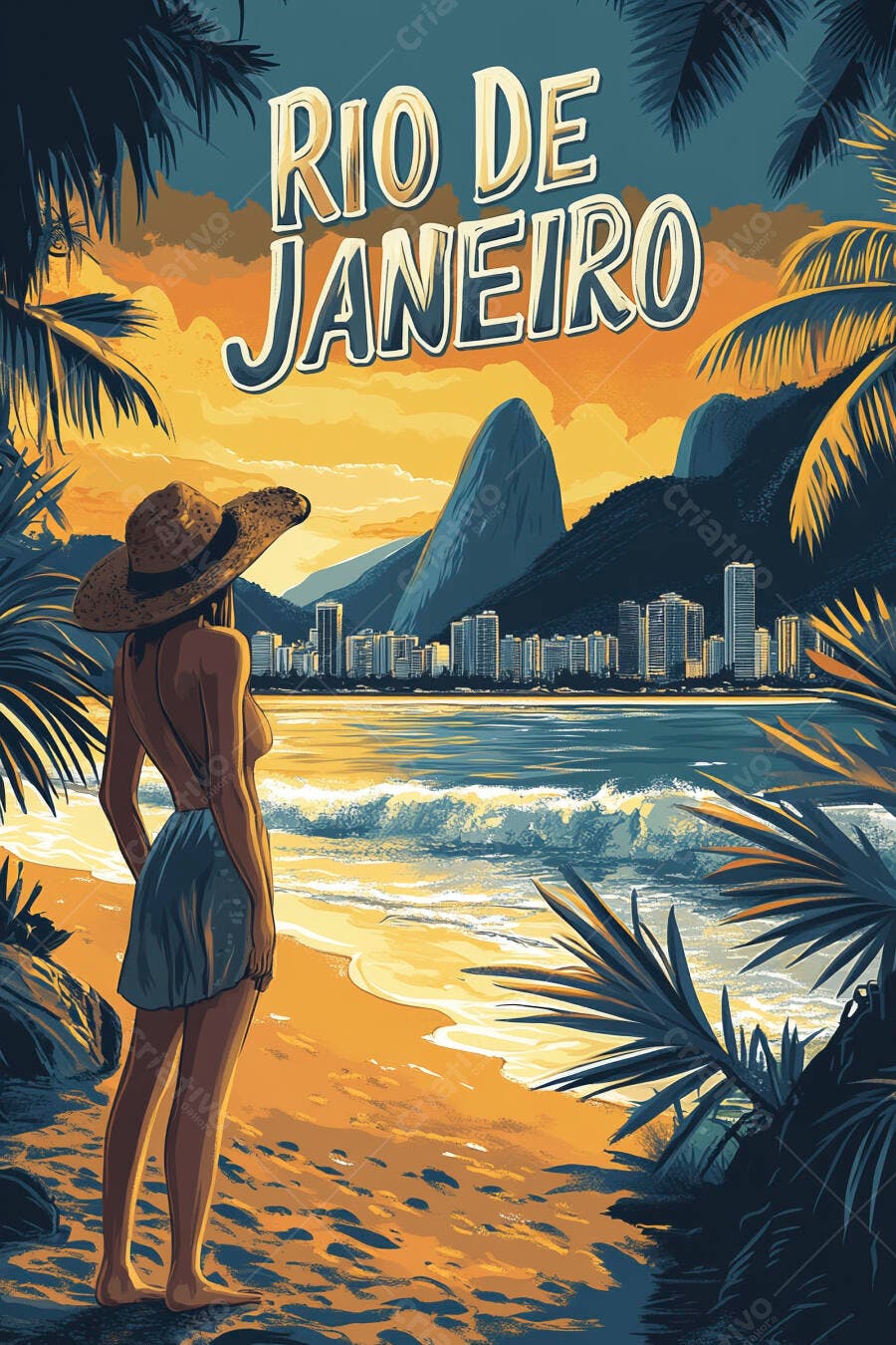 Mulher com chapéu de palha apreciando vista da praia no Rio de Janeiro ao pôr do sol