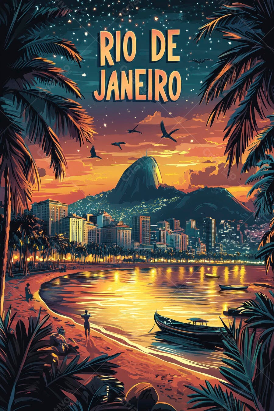 Rio de Janeiro paisagem pôr do sol Pão de Açúcar praia palmeiras e cidade iluminada