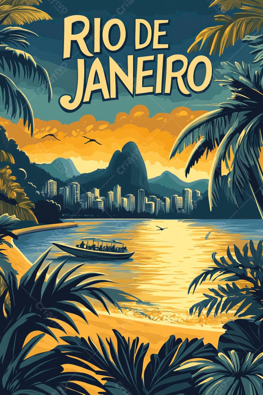 Rio de Janeiro pôr do sol na baía Pão de Açúcar coqueiros e barco ilustração
