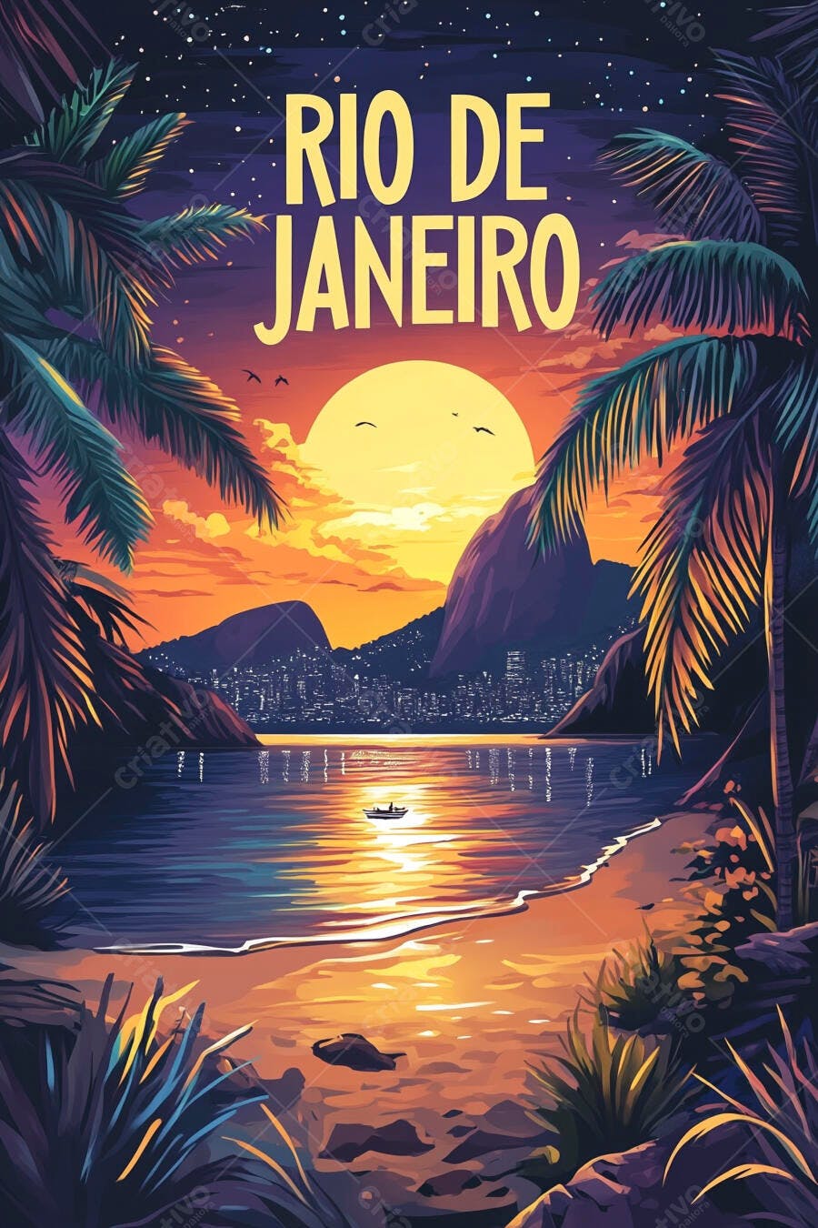 Rio de Janeiro ilustração por do sol vibrante com montanhas coqueiros e barco no mar