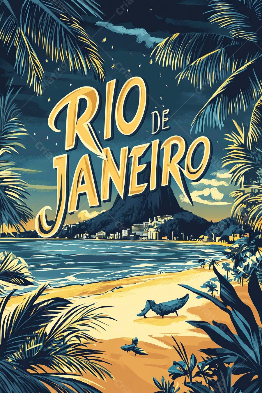 Rio de Janeiro ilustração praia com Pão de Açúcar e palmeiras ao anoitecer