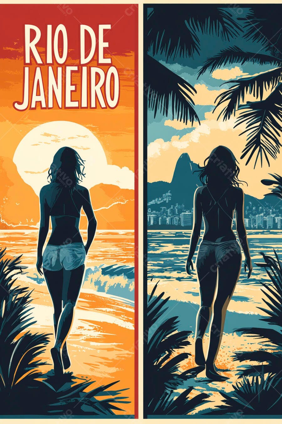 Mulher silhueta em praia tropical do Rio de Janeiro pôr do sol arte poster vintage