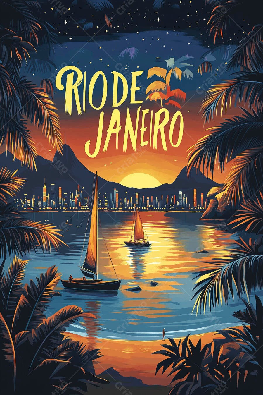 Rio de Janeiro pôr do sol laranja e azul com veleiros e palmeiras
