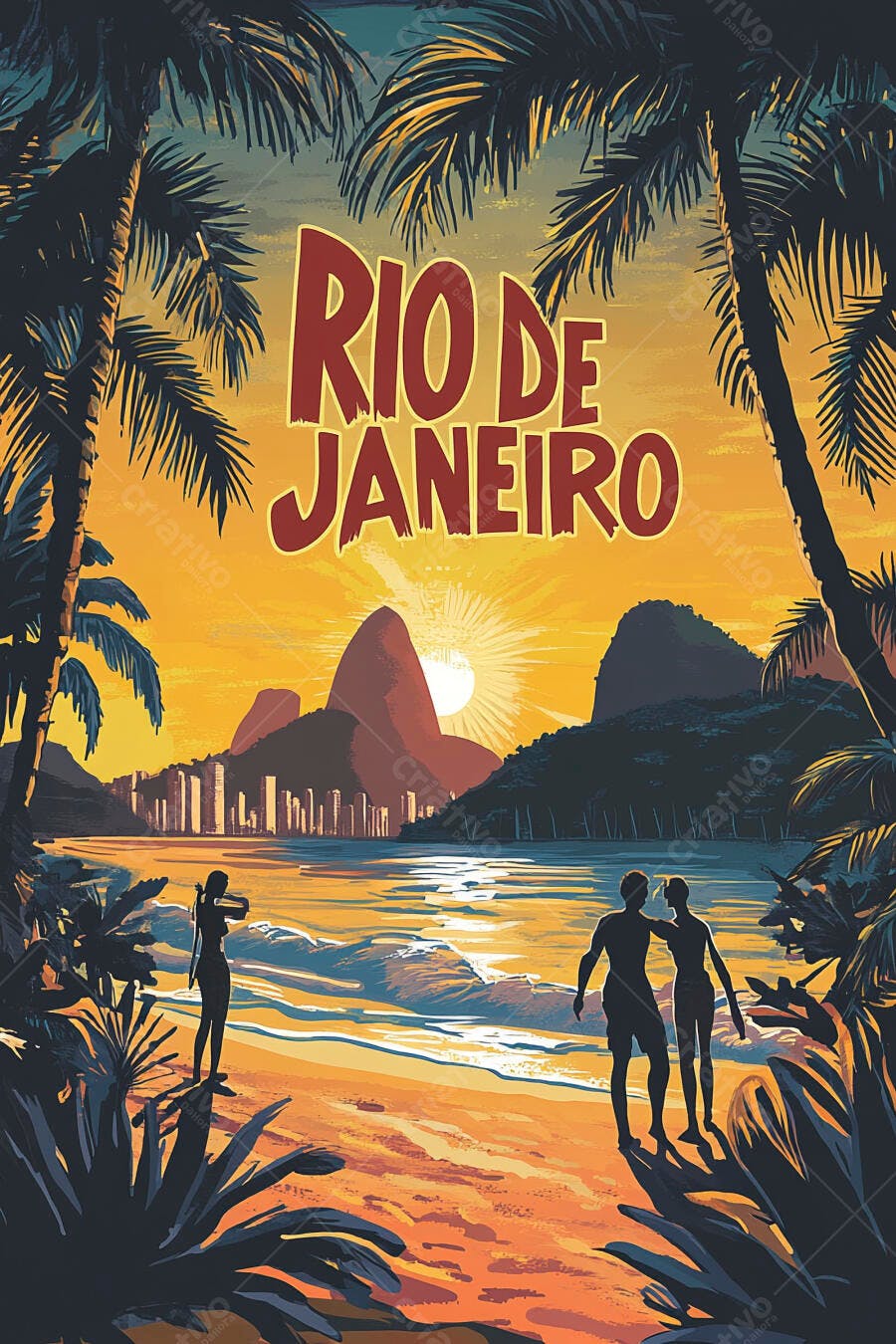 Rio de Janeiro pôr do sol praia com casal e surfista em icônica paisagem