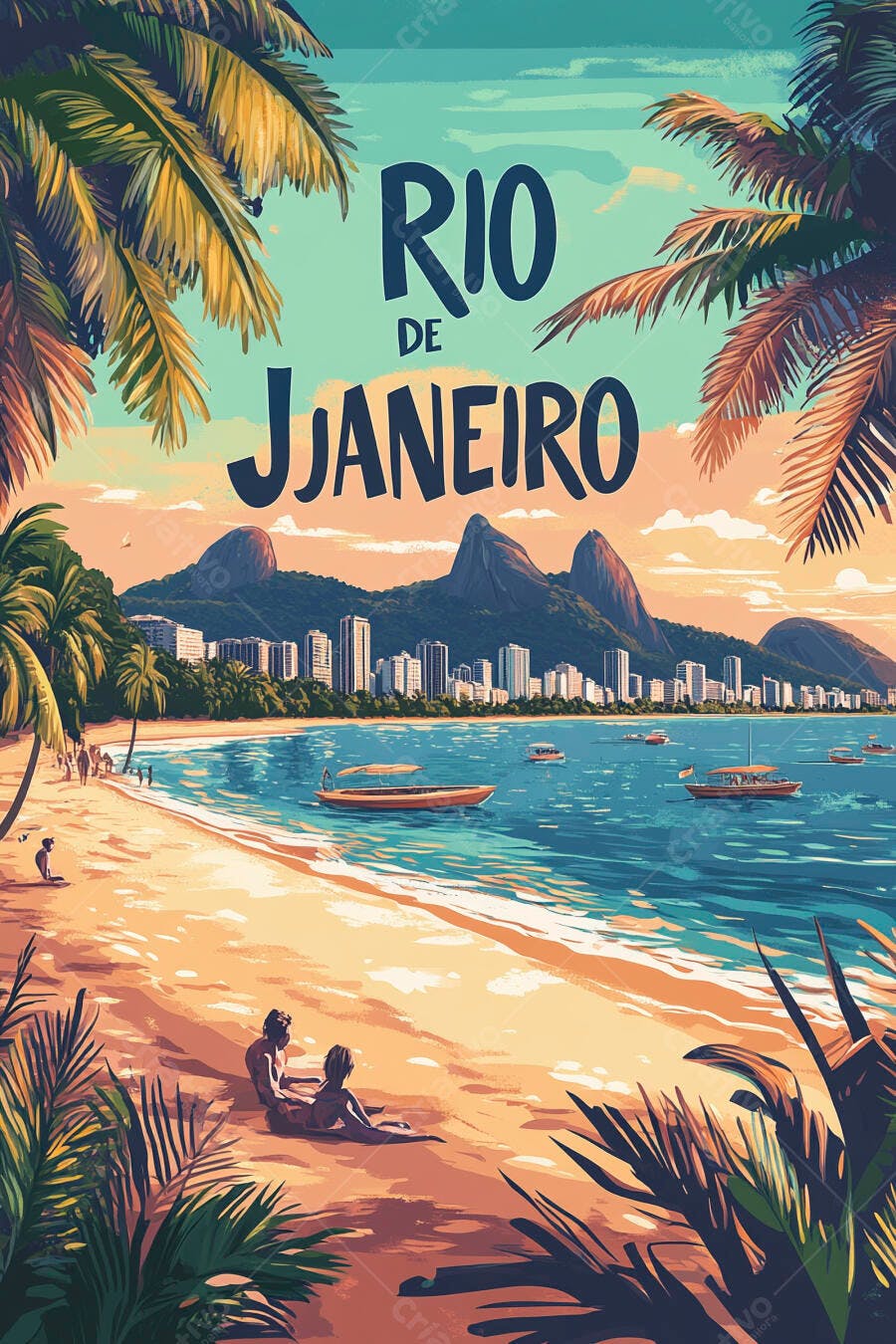 Rio de Janeiro praia urbana ilustração Pão de Açúcar verão tropical vibrante