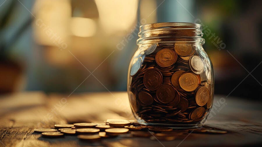 Pote de moedas antigas em madeira rústica economia dourada