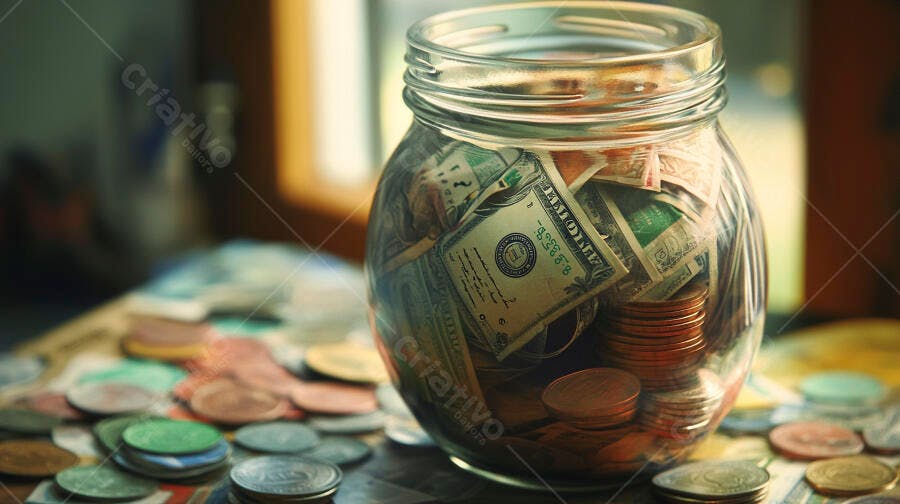 Pote de vidro cheio de notas de dólar e moedas sobre a mesa