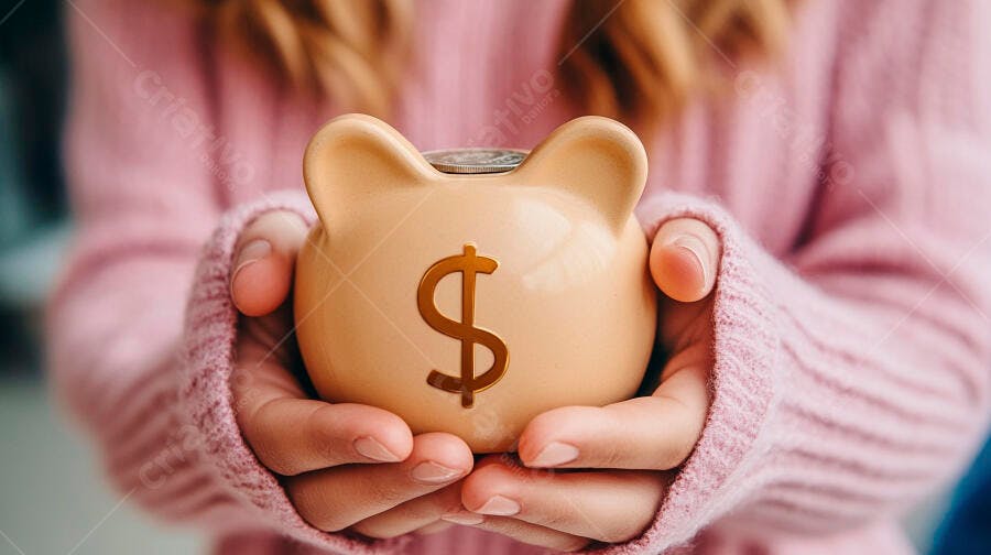 Menina de suéter rosa segurando cofrinho de porco com símbolo de dólar