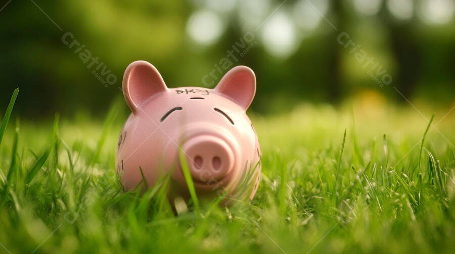Cofrinho rosa em gramado verde economizando dinheiro ao ar livre