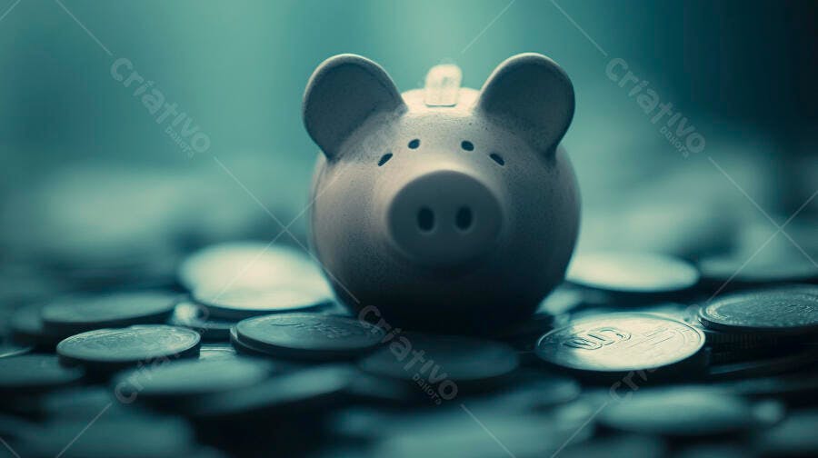 Cofrinho de porco em meio a moedas de prata simbolizando poupança e finanças
