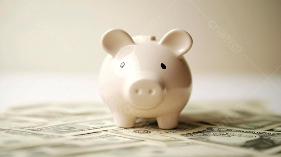 Cofrinho rosa claro de cerâmica sobre notas de dólar conceito de poupança