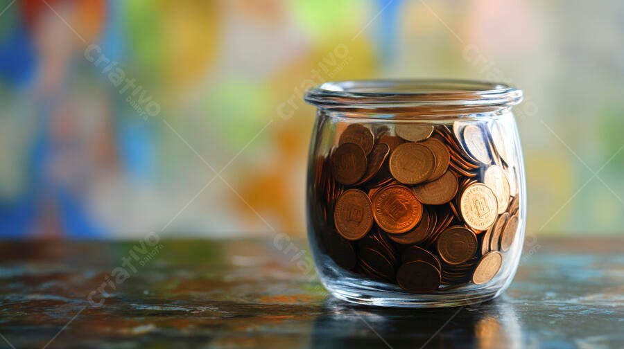 Pote de vidro cheio de moedas de cobre sobre mesa de madeira colorida