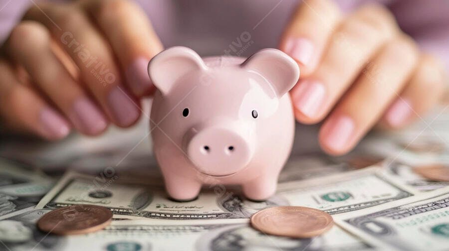 Cofrinho rosa sobre notas de dólar com mãos femininas economizando dinheiro