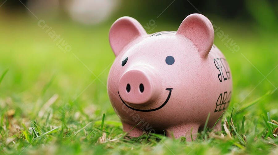 Cofrinho de porco rosa sorrindo na grama verde brilhante