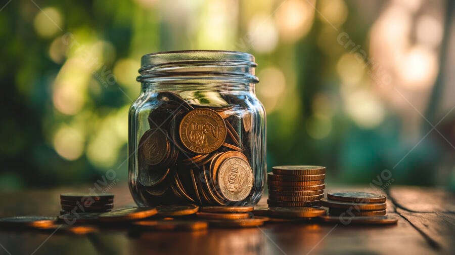 Moedas antigas em jarra de vidro sobre madeira rústica com bokeh verde