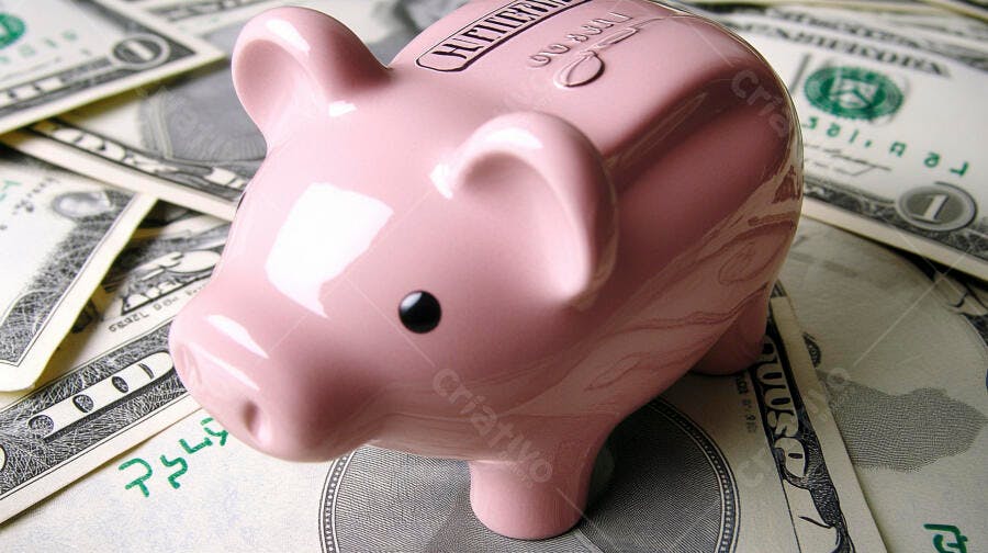 Cofrinho de porco rosa brilhante sobre notas de dólar americano