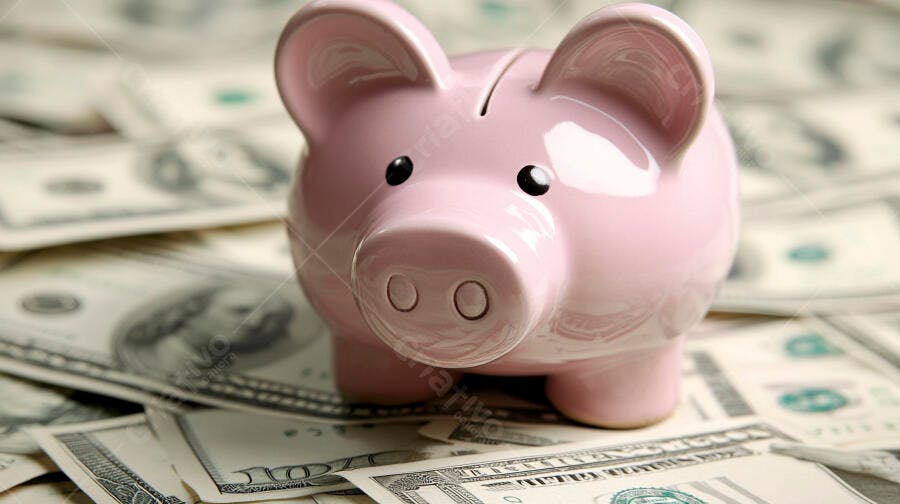 Cofrinho rosa sobre notas de dólar americano poupança e finanças