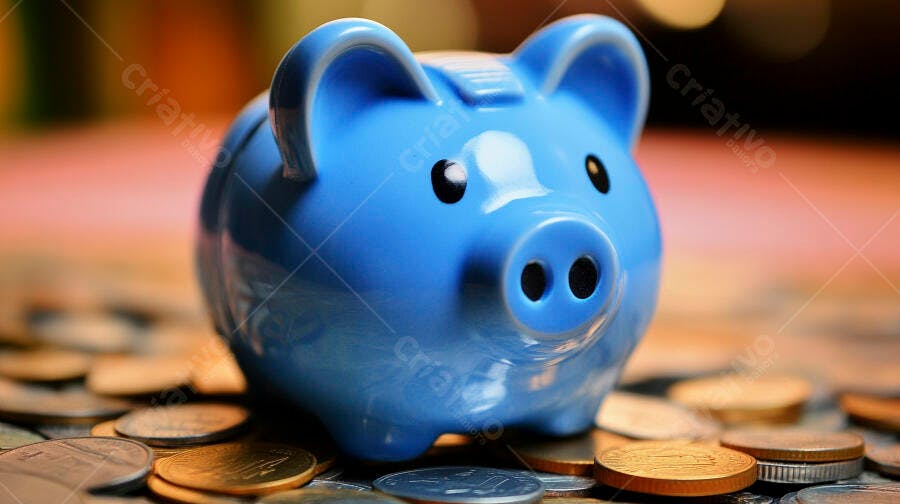 Cofrinho azul brilhante sobre moedas para poupança e economia
