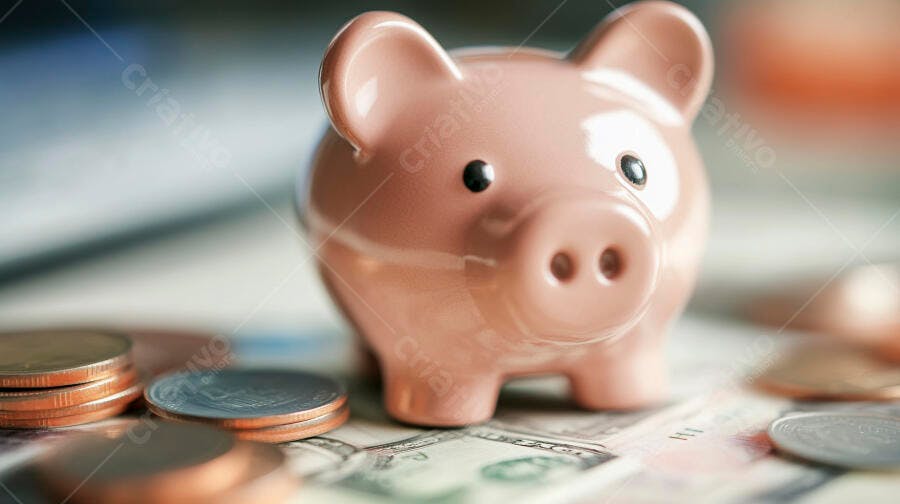Cofrinho rosa em notas e moedas dólar economizando dinheiro