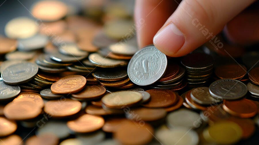Mão pegando moeda prateada em pilha de dinheiro sortido economia financeira