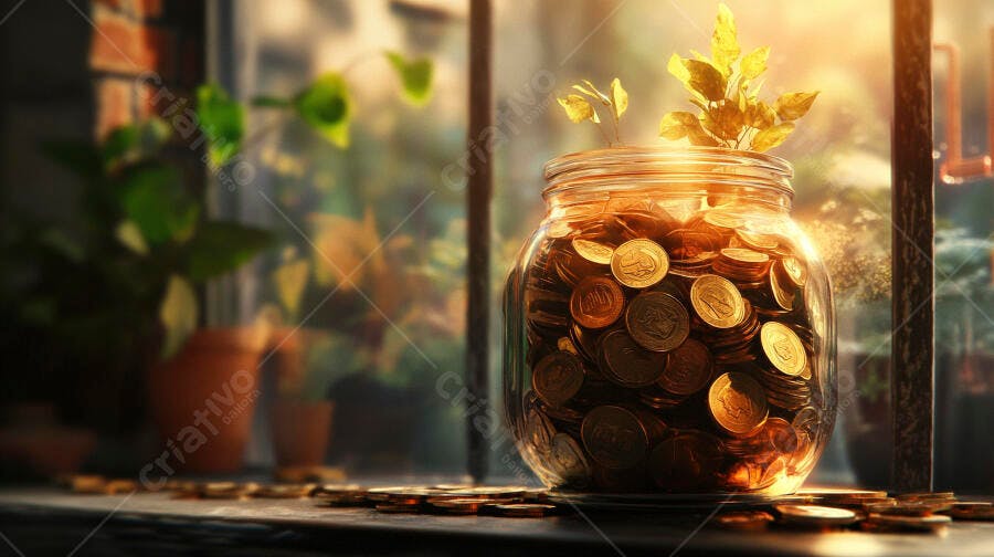 Pote de vidro cheio de moedas de ouro com planta brotando sob luz do sol na janela