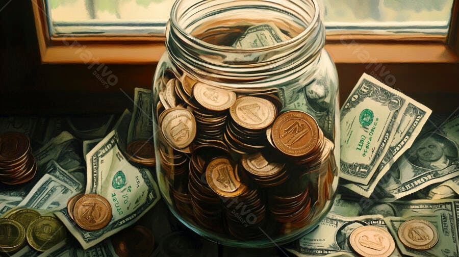 Jarro de moedas e notas de dólar verdes em mesa de madeira perto da janela