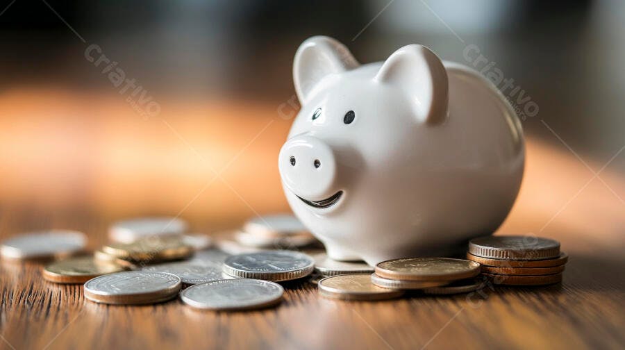 Cofre porquinho branco e moedas de metal em mesa de madeira para economia