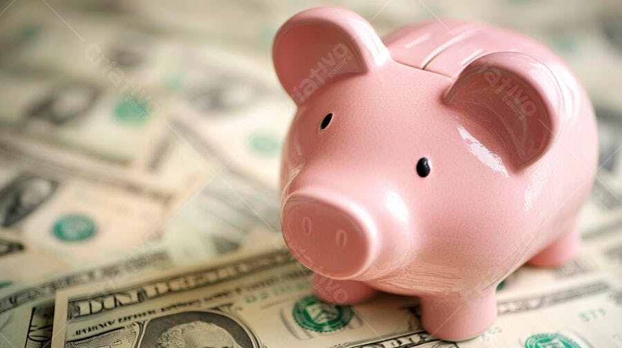 Cofrinho rosa sobre notas de dólar americano para poupança