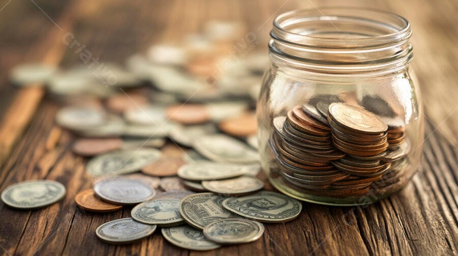 Moedas diversas em pote de vidro sobre mesa de madeira economia e poupança