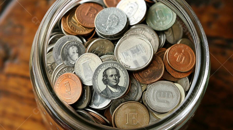 Jarro de vidro com moedas americanas e estrangeiras para poupança
