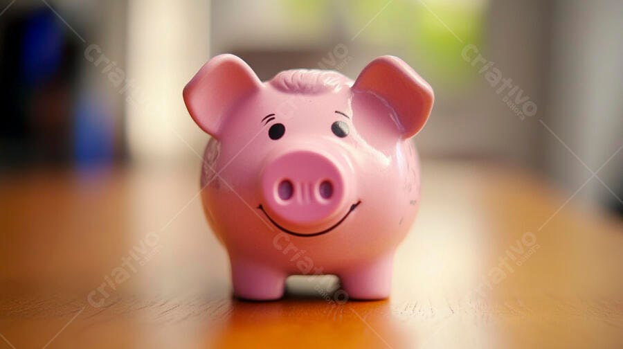 Cofrinho de porco rosa sorridente sobre mesa de madeira ilustra economia