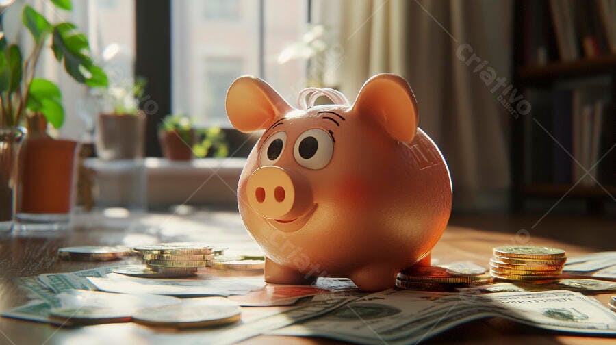 Cofrinho rosa sorridente com moedas e notas de dólar na mesa iluminada pelo sol