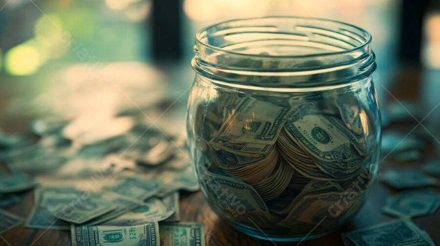 Jarro de vidro com notas de dólar em mesa de madeira escura