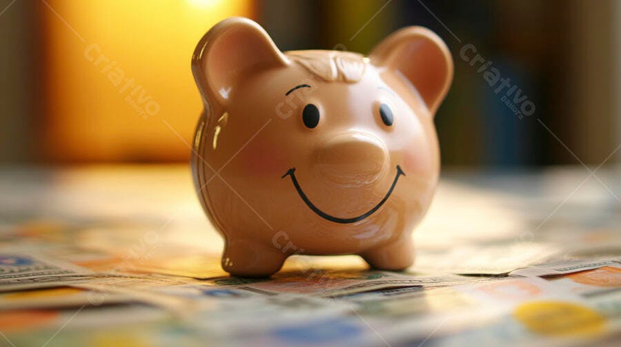 Cofrinho de porquinho sorridente sobre dinheiro com luz quente