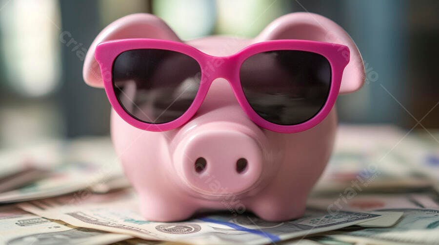 Cofrinho de porco rosa com óculos de sol sobre notas de dólar