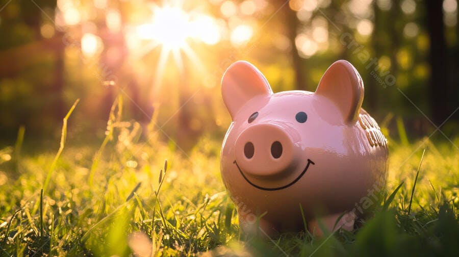 Cofrinho rosa sorrindo na grama verde ao pôr do sol dourado