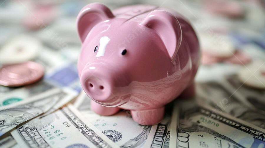 Cofre porquinho rosa sobre notas de dólar e moedas economia e poupança