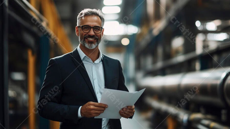 Homem de negócios barbudo sorrindo em fábrica moderna