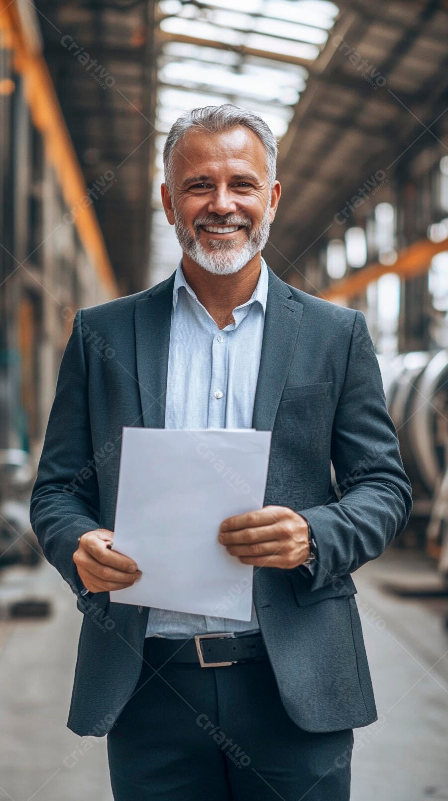 Homem de negócios caucasiano sorrindo em fábrica industrial segurando documentos