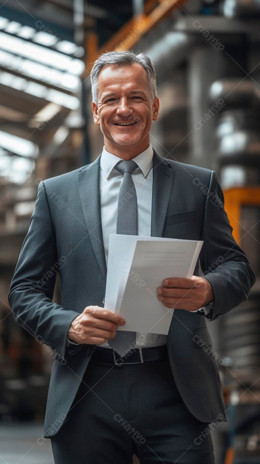 Homem de terno cinza sorrindo com documentos em ambiente industrial