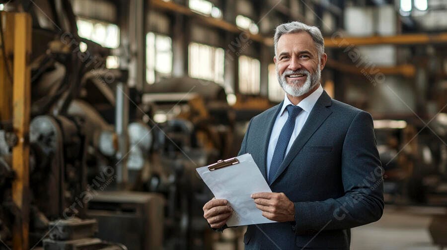 Gerente sênior sorrindo com prancheta em fábrica industrial