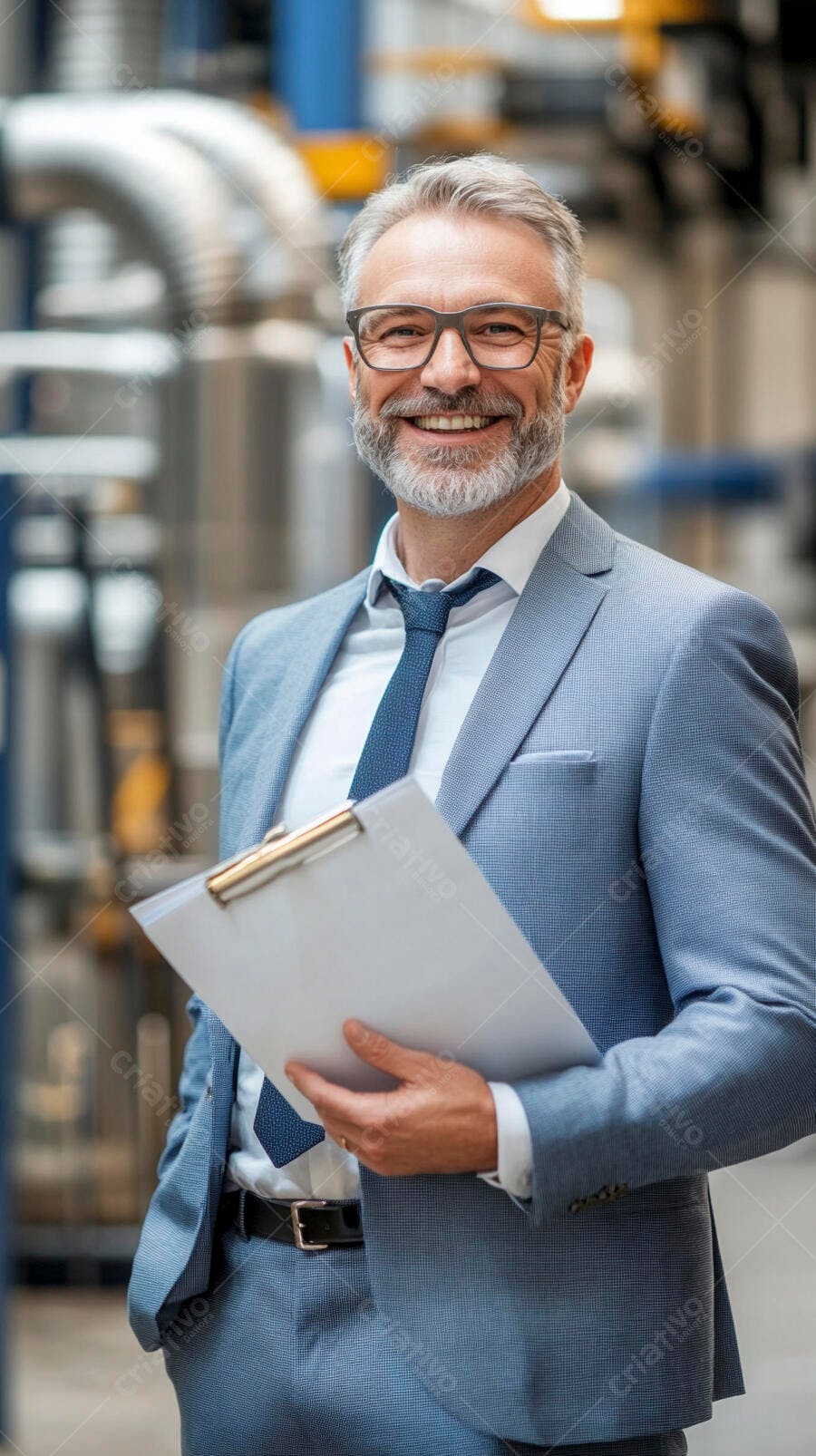 Homem grisalho empresário sorrindo com terno azul claro e prancheta em fábrica industrial